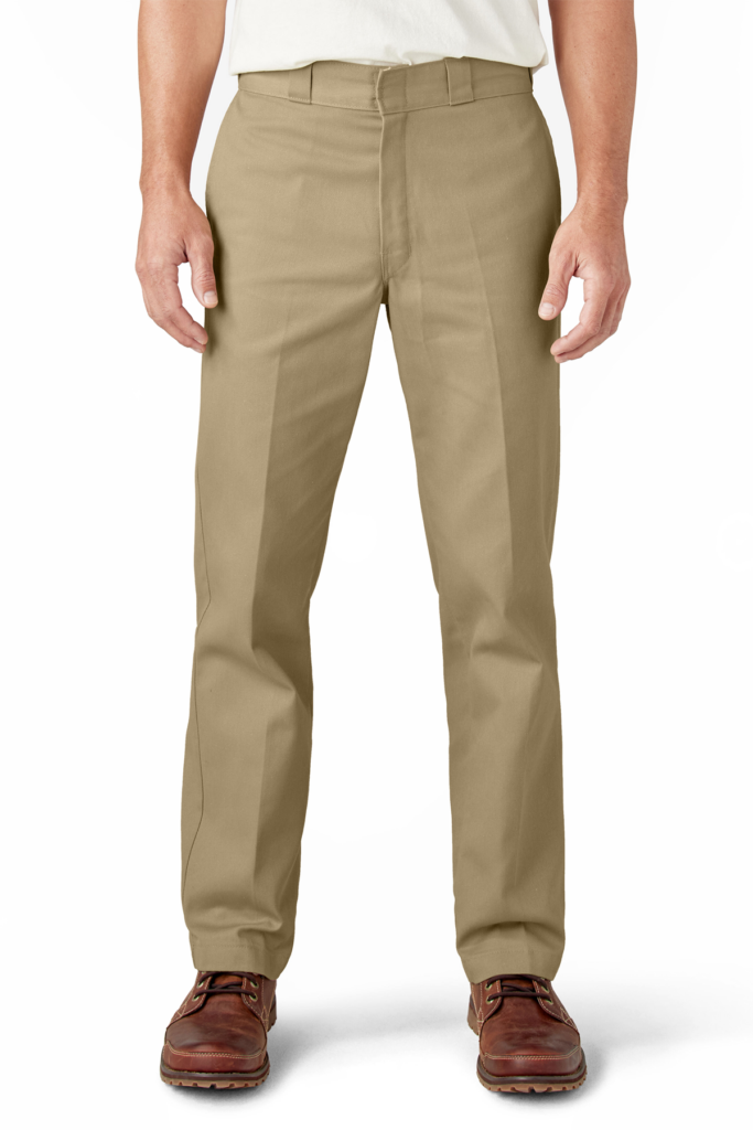 a man in a white t - shirt and khaki pants