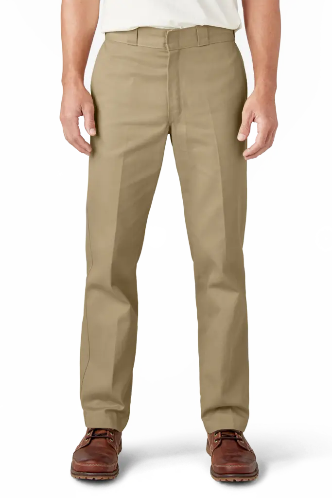 a man in a white t - shirt and khaki pants