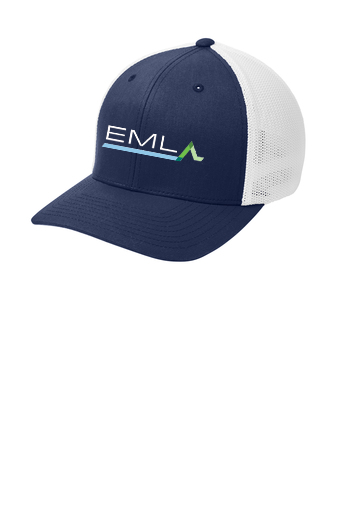 a hat with the eml logo on it