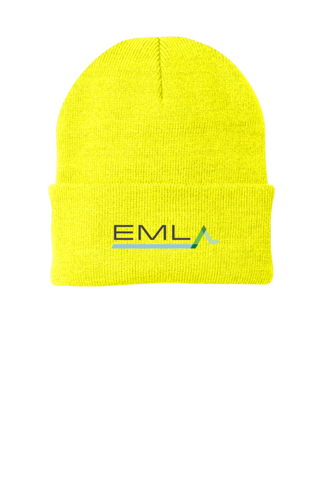 a yellow beanie with the eml logo on it