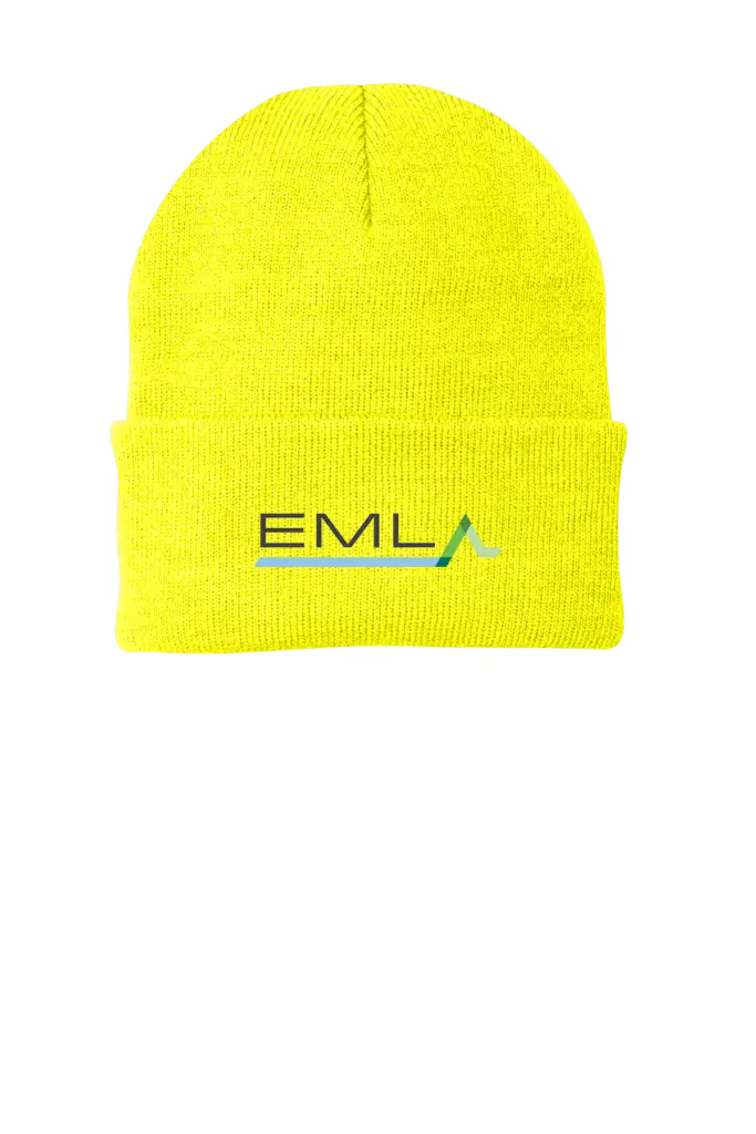 a yellow beanie with the eml logo on it
