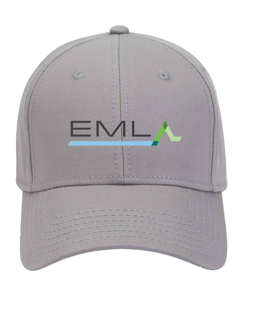 the eml logo on a grey hat