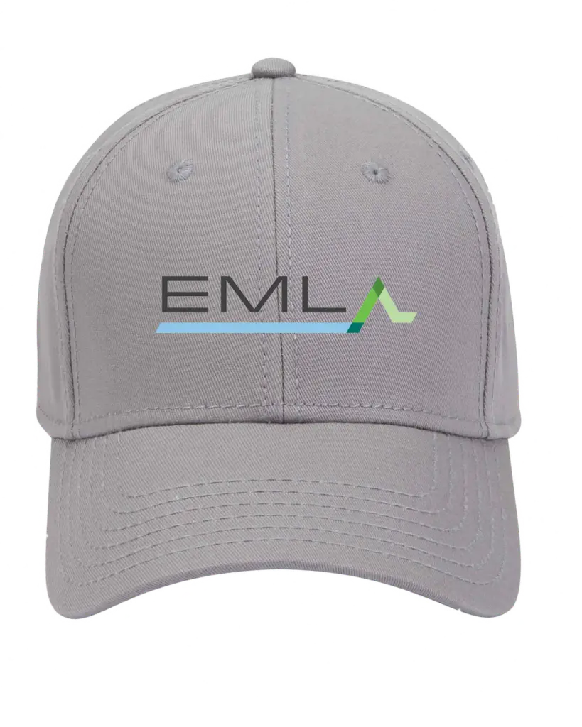 the eml logo on a grey hat