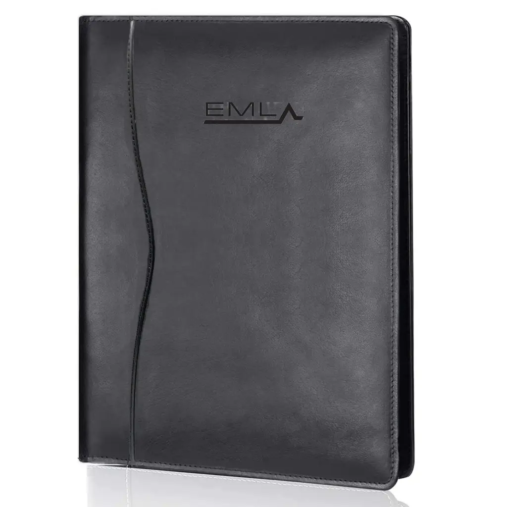a black leather folder with emla logo on the front