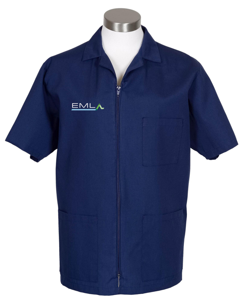 a blue shirt with the ema logo on it