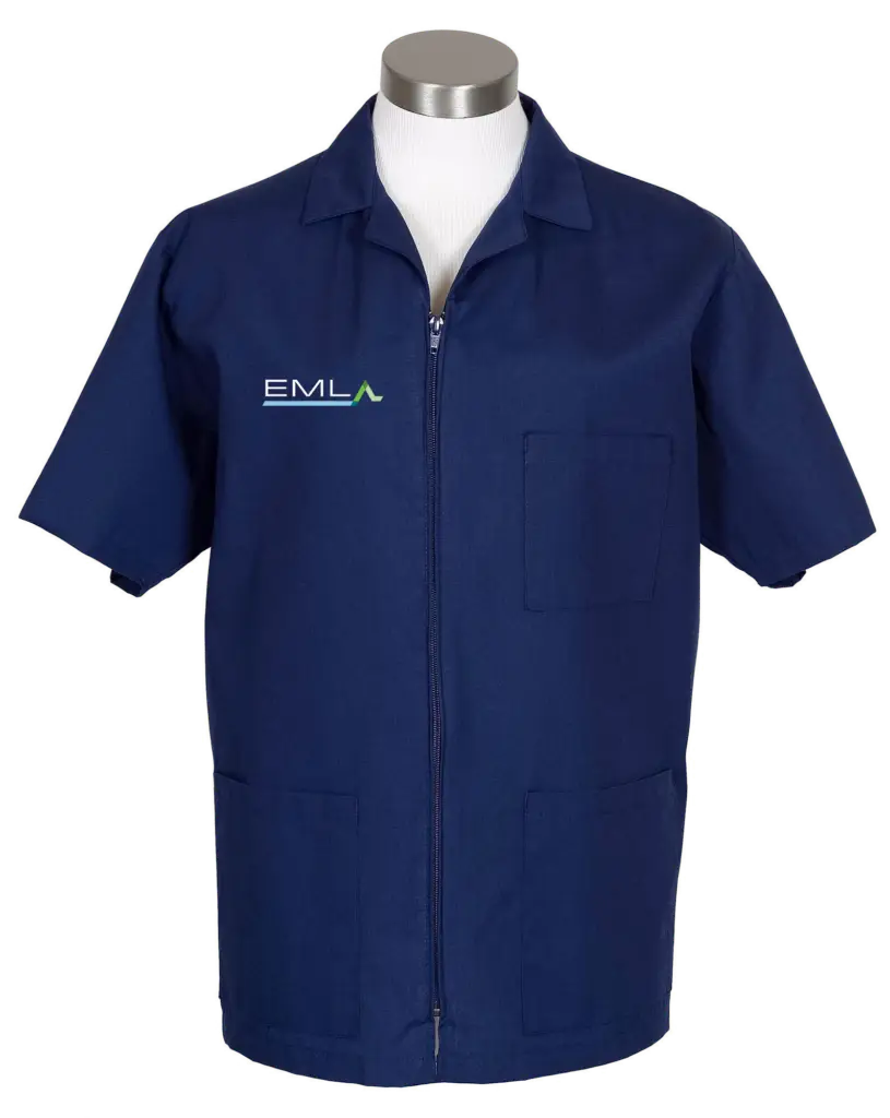 a blue shirt with the ema logo on it